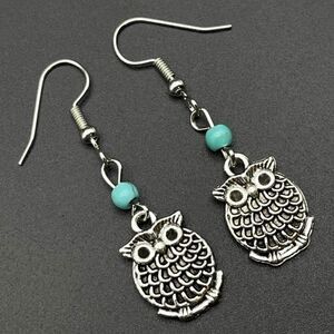 Silver Perched Owl on Branch with Blue Turquoise Beaded Dangling Hook Earrings